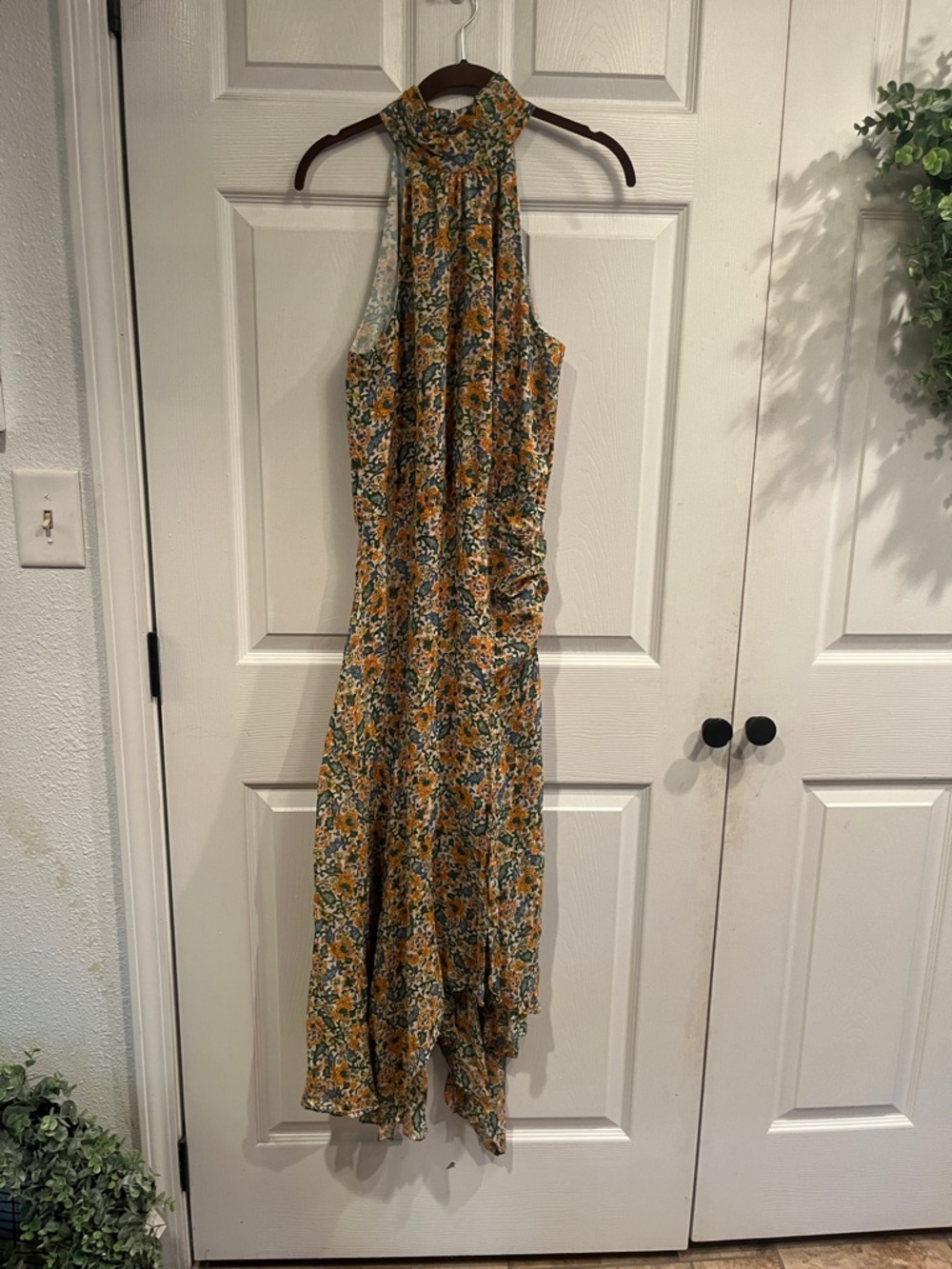 Veronica Beard Silk Leia Mustard and Green Floral Halter Maxi Dress